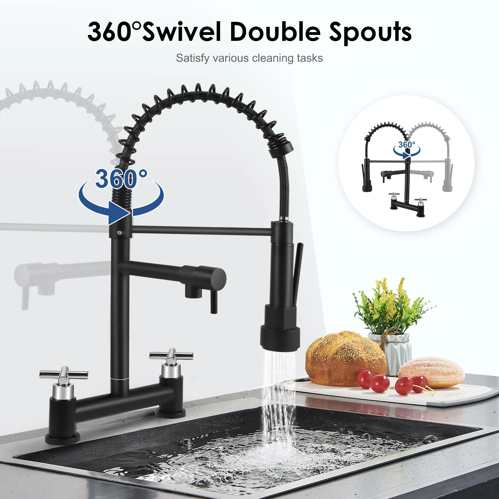 360 ° Rotating Dual Control Rust Proof Metal Dual Handle Dual Outlet Kitchen Faucet  Equipped High-quality Ceramic Valve Core