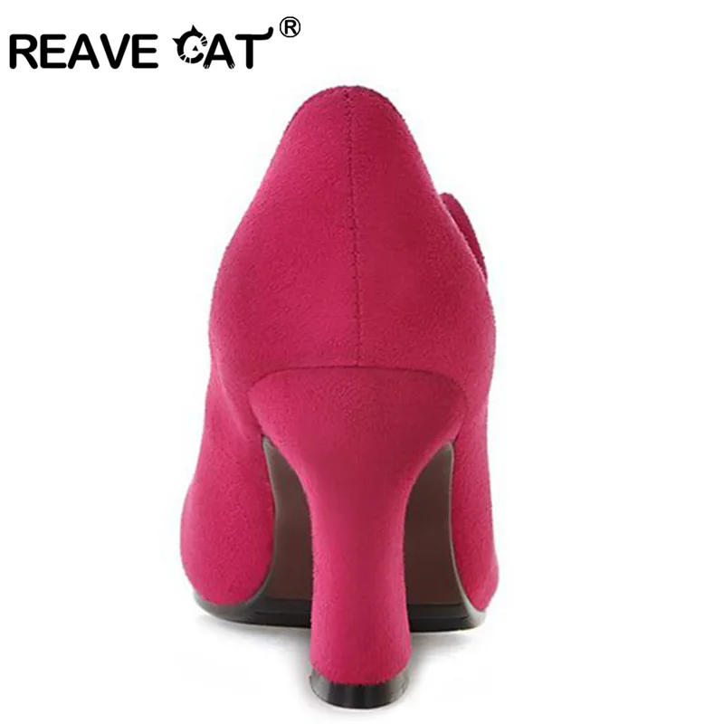 REAVE CAT Big size 34-43 Women high heels Pumps Flock Pointed toe Hoof heels Buckle Fashion Black Red Blue QL4622