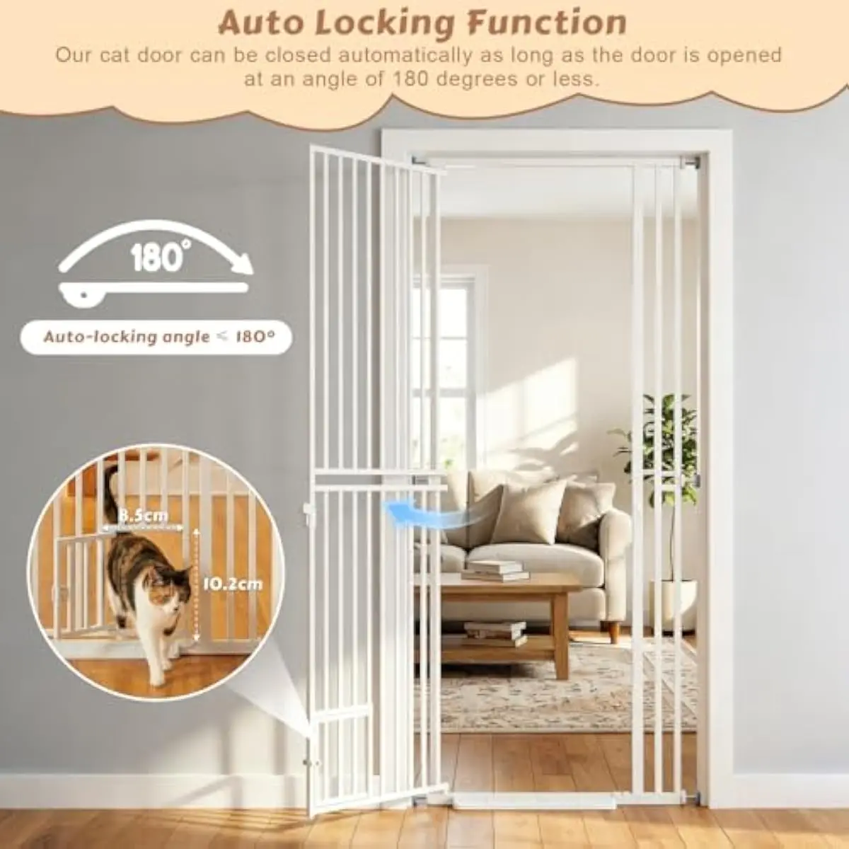 Extra tall 78.7 inch pressure mount pet gate with integrated cat door, adjustable 27.5 to 37.4 inch width, 1.5 inch narrow bar s