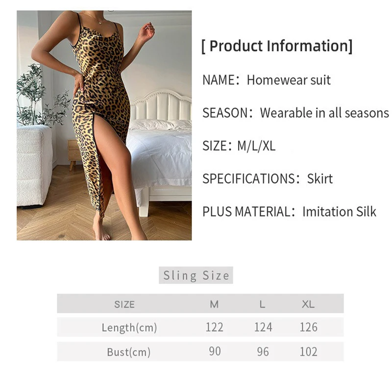 Leopard Print Split Nightdress Sexy V-Neck Backless Spaghetti Strap Sleep Dress Women\'s Sleepwear