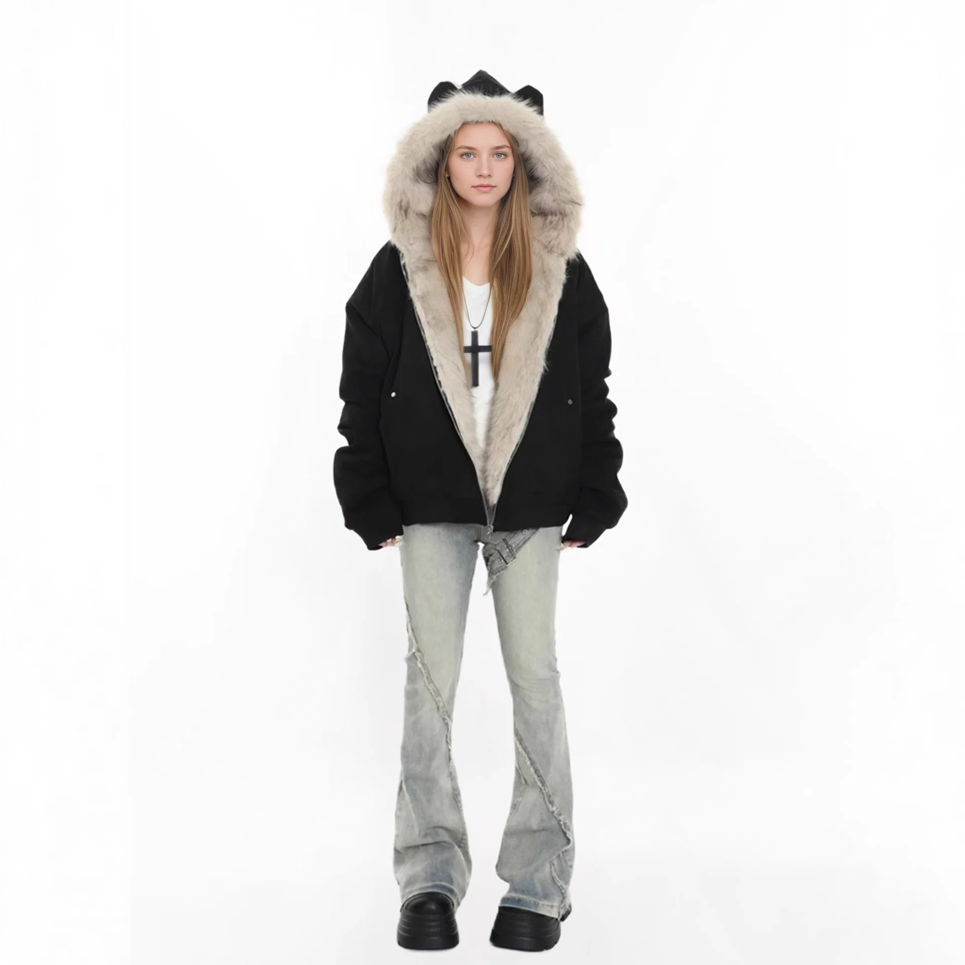 Europe, America, Popular Winter Suede Fur Collar Hooded Jacket Women's Thickened Cat Ear Seat Mountain Carving Cotton-padded Coa