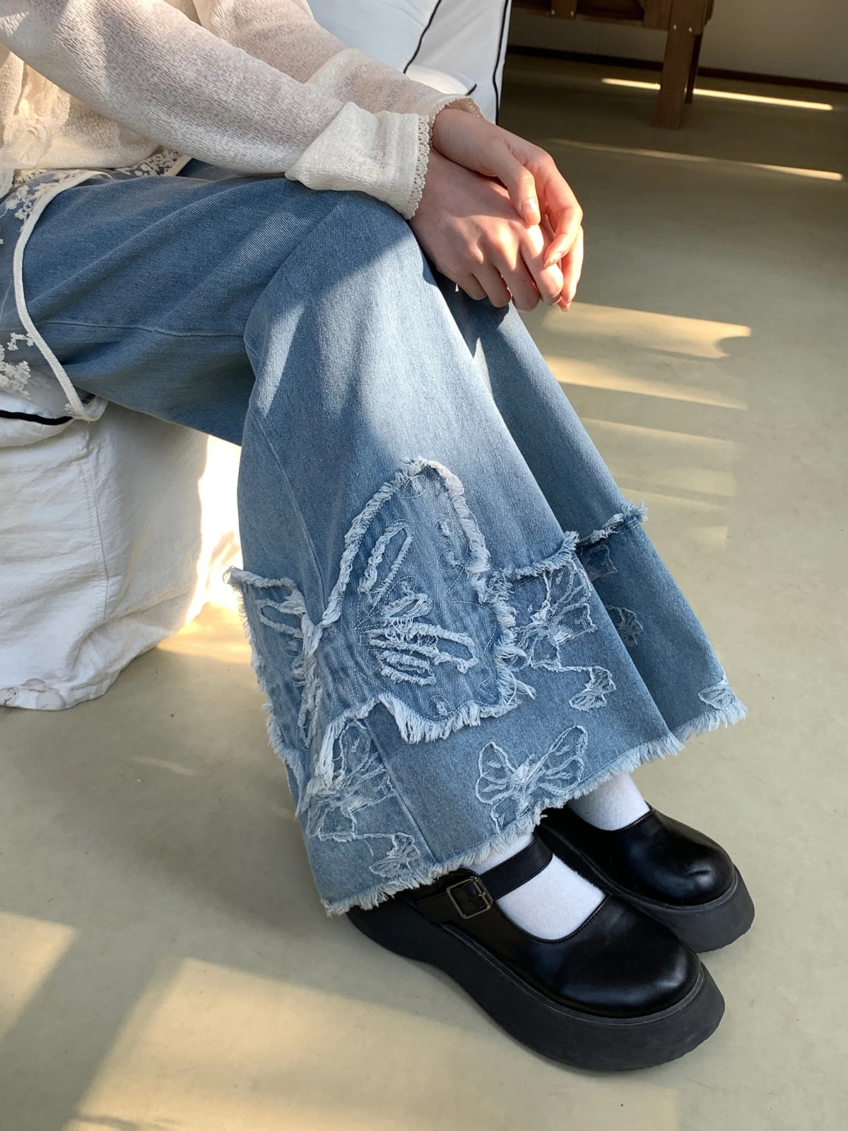 

Blue Tassel Trim Wide Leg Straight Jeans Women's Slimming plus Size Cotton Denim Casual Spring Faion plus Size Jeans