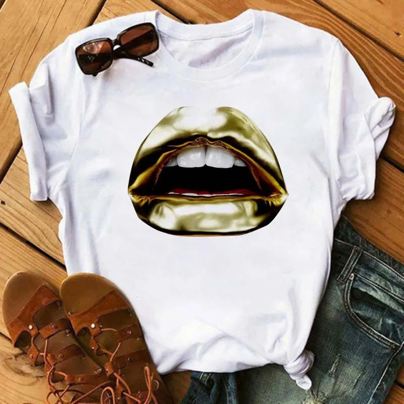 Sexy Colorful Diamonds Lip Print Women T Shirt Short Sleeve O Neck Loose Women Tshirt Ladies Tee Shirt Tops Camisetas Mujer