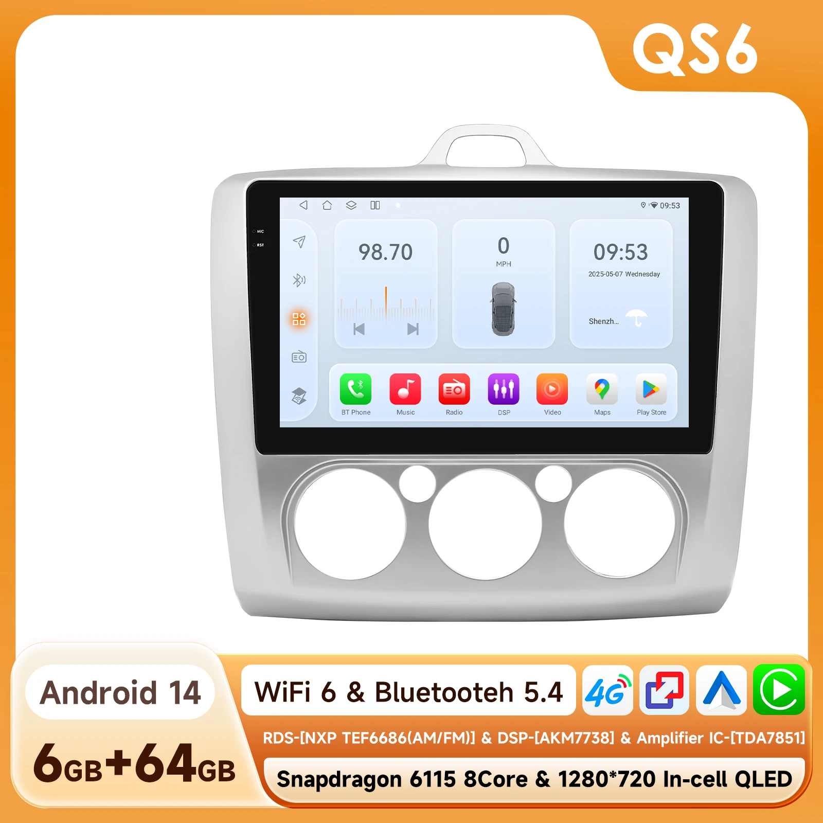 6115 Carplay Android Auto autoradio voor Ford Focus Mk2 MK3 2004 - 2011, multimedia videospeler, GPS, 360 graden camera, intelligente systemen met ventilator, Bluetooth, DSP, RDS, 4G Wifi