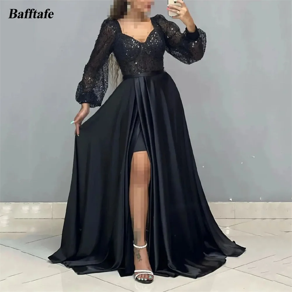 

Bafftafe Sequines Long Sleeve Prom Gowns Satin Slit Customized Formal Party Dresses Special Occasion Evening Birthday Outfits