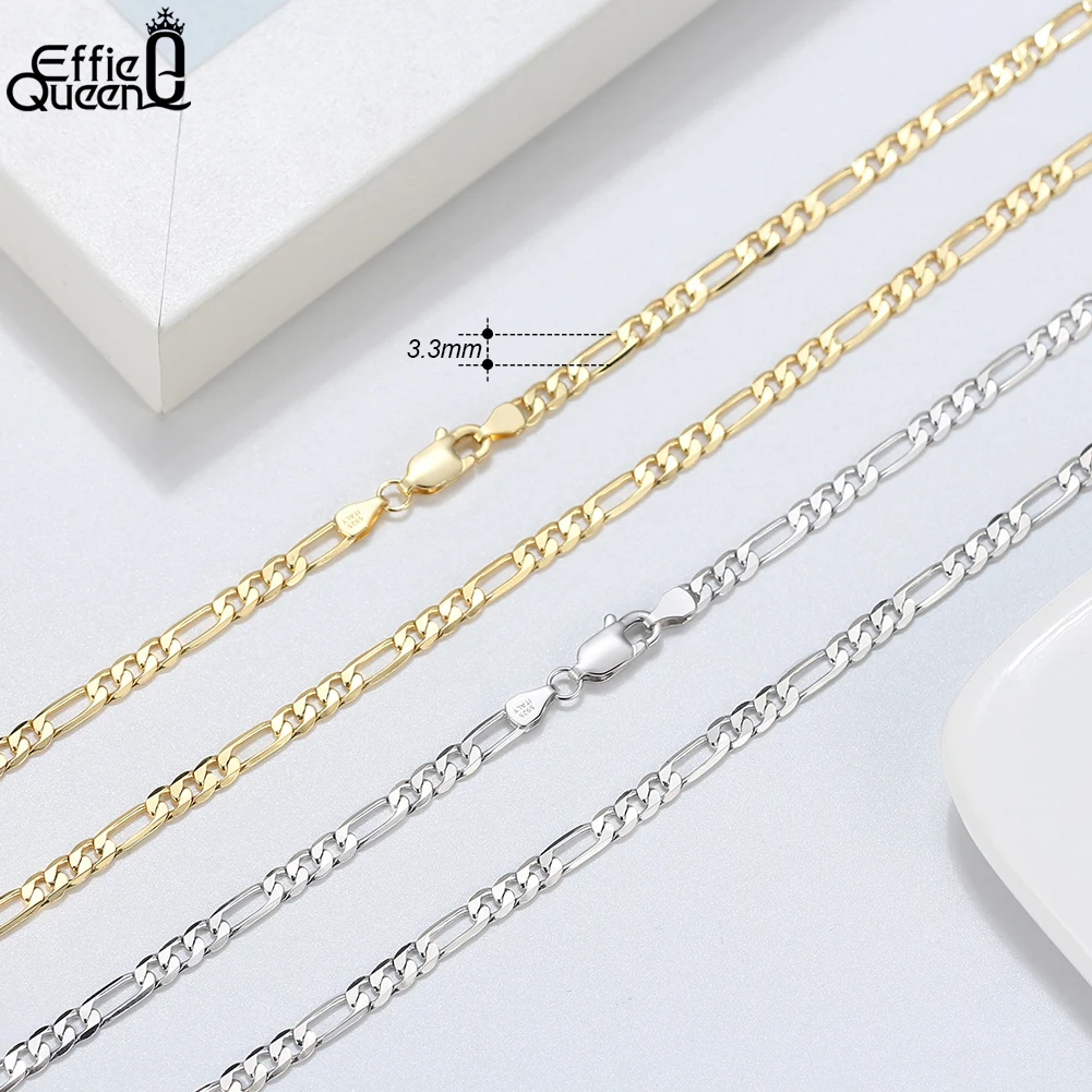 Effie Queen Italy Real 925 Silver Diamond-Cut Figaro Chain Necklace 5mm Wide 40-60cm Long Woman Man Neck Chain Jewelry Gift SC34
