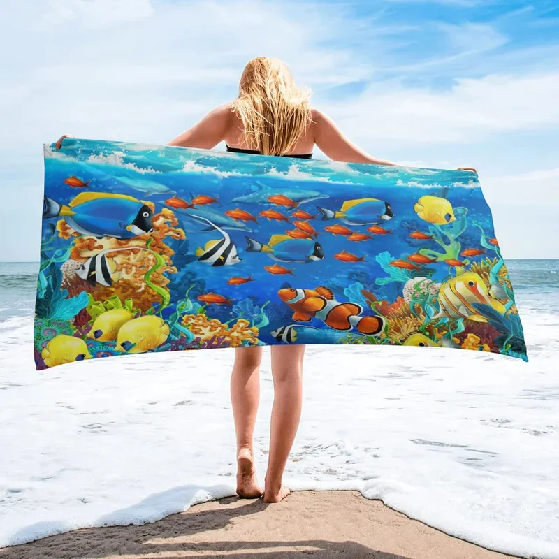 Toalha de banho subaquática World Microfiber Quick Dry Swimming Cover, Ocean Theme Beach Towel, Camping and Yoga Mat, World Fish Dolphin