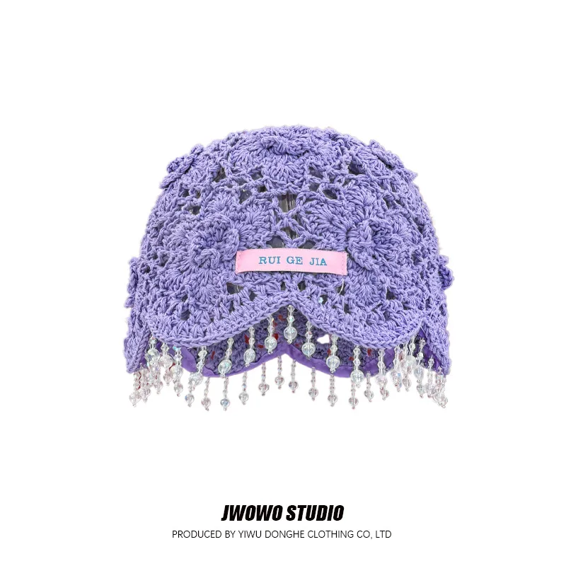 

Bohemian-style Beaded Tassel Cap Women Hollowed-out Thin Hand-knitted Pullover Cap Retro Literature and Art Crochet Flower cap