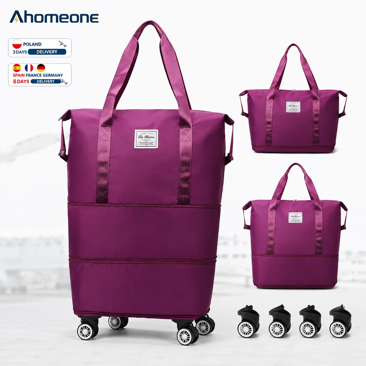 Sac de voyage extensible avec roulettes universelles, grande capacité, sac de rangement pour le shopping, sac de voyage étanche, sac de voyage avec séparation sec et humide, sac de voyage léger, bagage à roulettes détachable, sac de sport avec roulettes