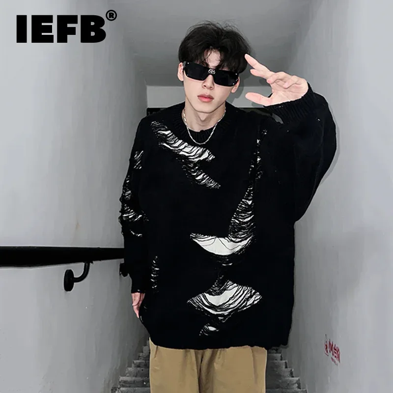 IEFB Korean Style Men's Sweaters Irregular Hole Round Collar Pullovers Autumn Male Knitting Top New Menswear 2024 24E2605