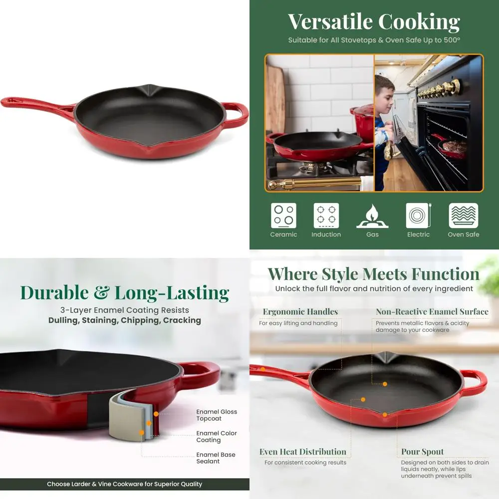 

Enameled Cast Iron Skillet 10.25 Inch - Saute Pan with Pour Spouts, Compatible for Cooking | Enamel Coated Cast Iron Pan for Kit