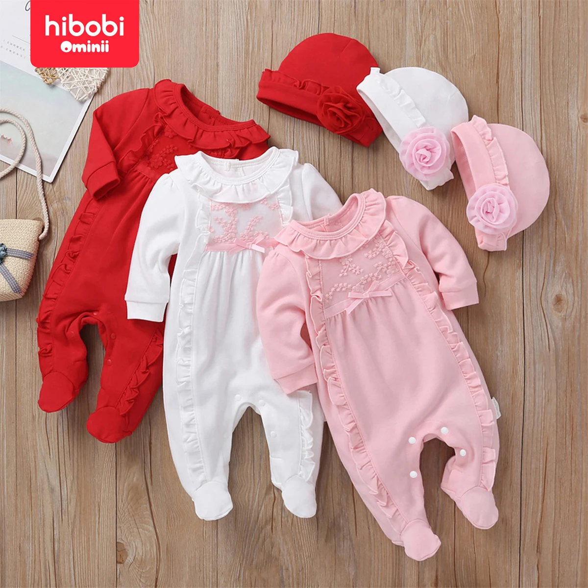 hibobi 2-Piece Set Autumn Baby Girl Long Sleeve Sweet Exquisite Decorative Border Bow Decor Jumpsuit Bodysuit With Floral Hat