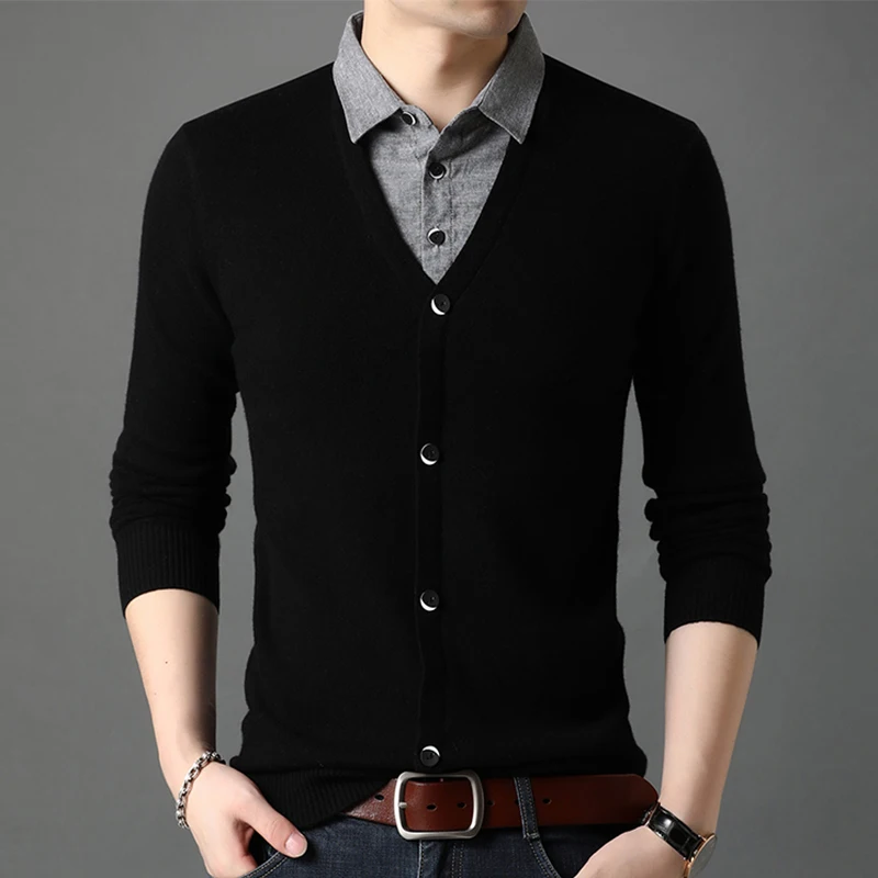 

New Fake Two Pieces Business Casual Thin Slim Men Polo Shirt Spring Button Lapel Long Sleeved 2024 Fashion Clothing Tops