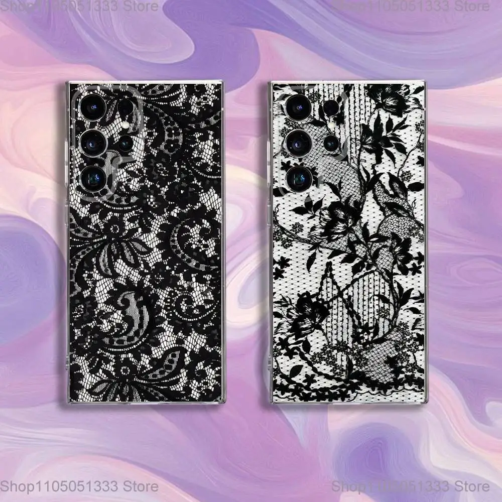 

Vintage Lace Phone Case For Samsung S24,30,21,22,23,20 FE,lite,PIus,Ultra,5G,Note,9,10 Transparent Cover
