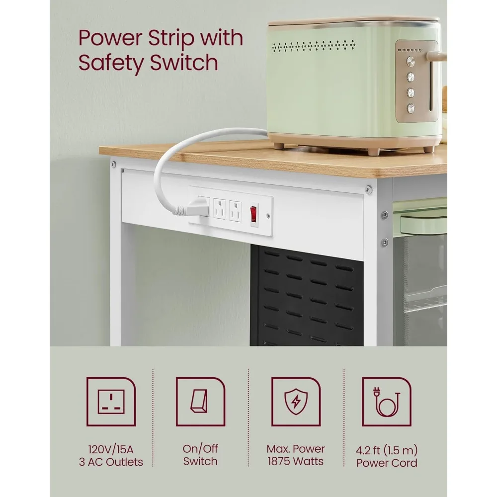 جزيرة مطبخ كبيرة مع أرفف من 3 طبقات، شريط طاقة متضمن، 23.6 × 47.2 × 34.9، سطح عمل واسع، إطار معدني