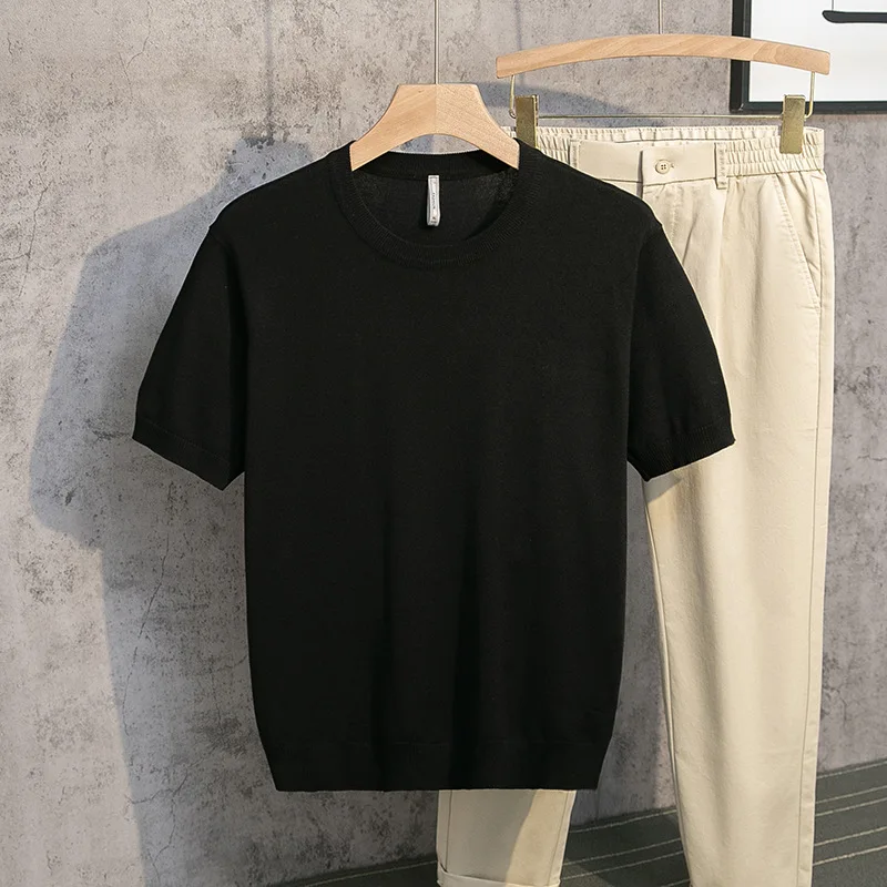 Summer New Men'S Knitted Shirt Soft Breathable Stretch Simple Round Neck Casual Business Short Sleeve-Shirt