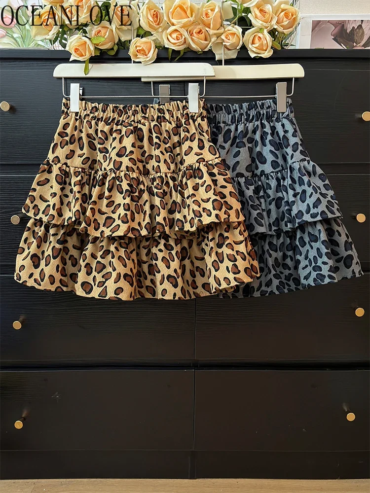 

OCEANLOVE Women Skirts Ruffles Leopard Spring Autumn Elastic High Waist Faldas Mujer Vintage Korean Fashion Sexy Mini Skirt