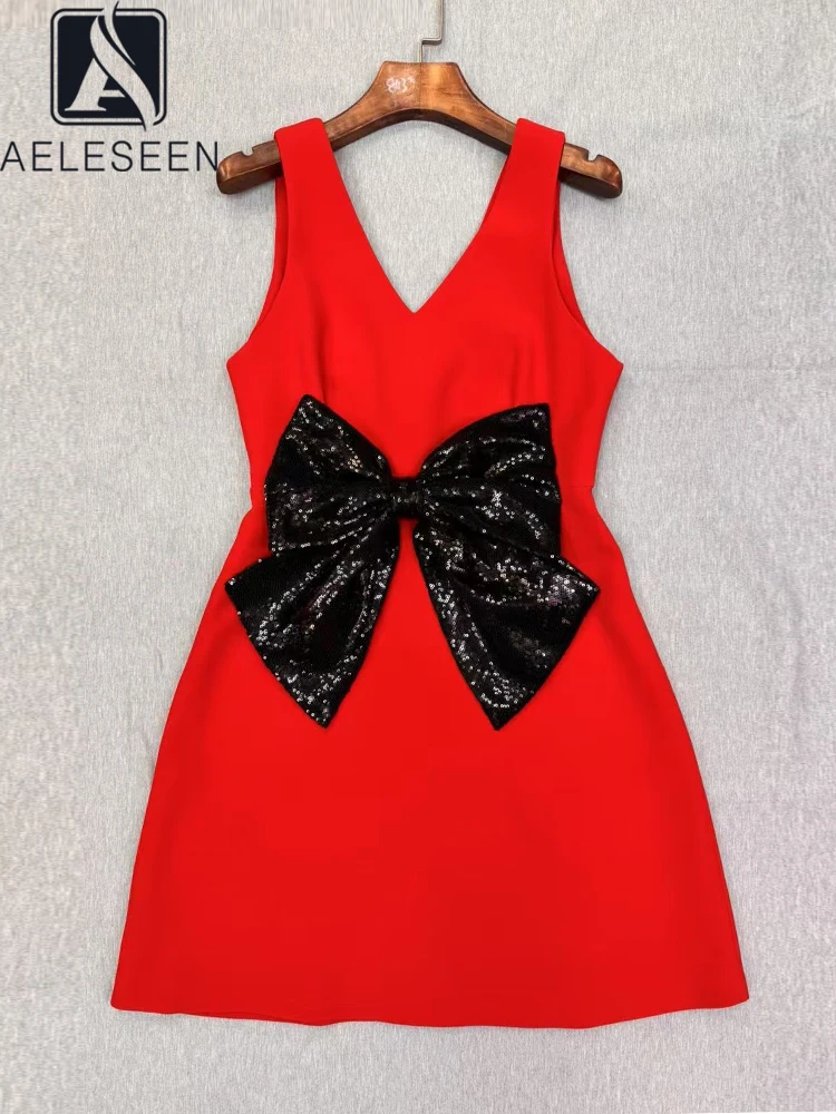 AELESEEN Women Summer Casual Mini Dress Design Fashion V-Neck Sleeveless Red Black Bow Sequined Sexy Holiday Vacation Ladies