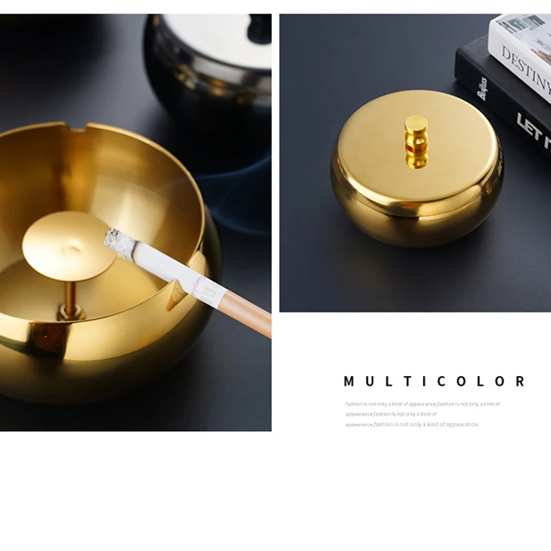 Electroplating Color Plated Ashtray with Cover Luxury Style Stainless Steel Windproof Smokeless Ash tray for Living Room Office