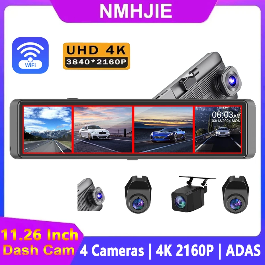 4K Dash Cam T80 4-Channel Record 1080P ADAS BSD Car DVR WIFI APP Rear View Mirror Auto Video Camera Ultra HD 24H Parking Monitor