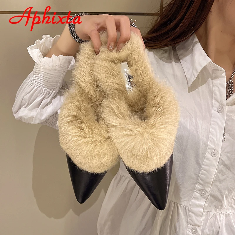 Aphixta Nieuwe Warme Winter Echt Konijnenbont Pluche Vrouwen Slippers Vogels Harige Plaid Schoenen Wees Teen Platte Hak Haar Slides