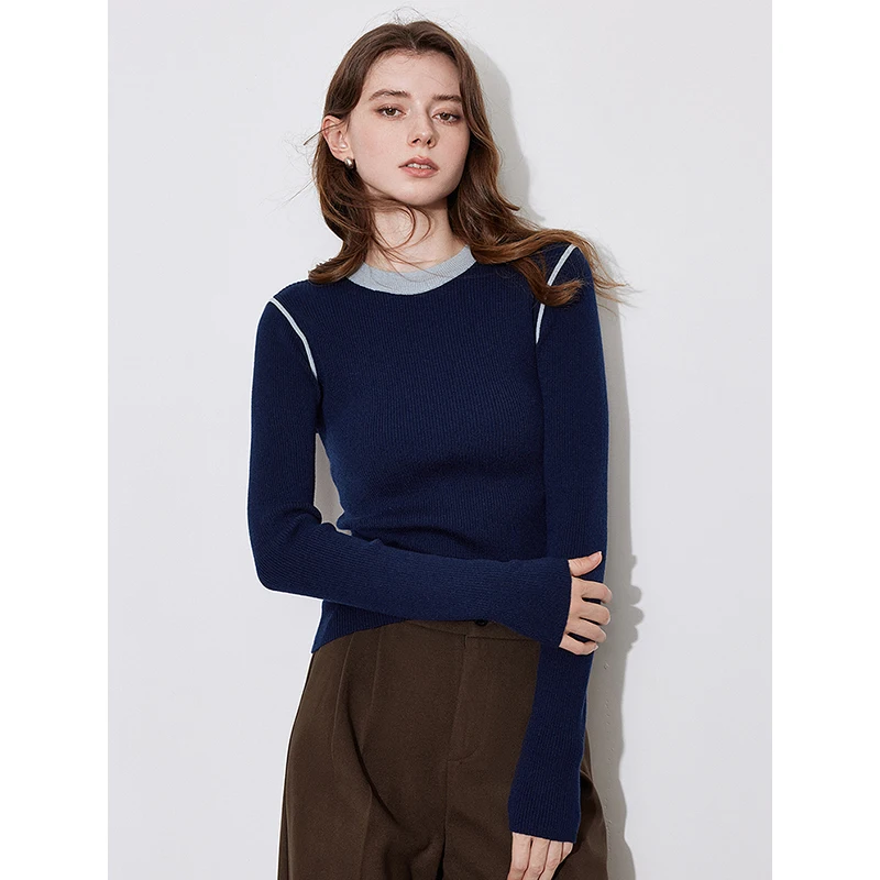 TOYOUTH Women Knitted Sweater 2024 Autumn and Winter New Fake Two Piece Contrasting Color Round Neck Slim Fit Pullover Tops