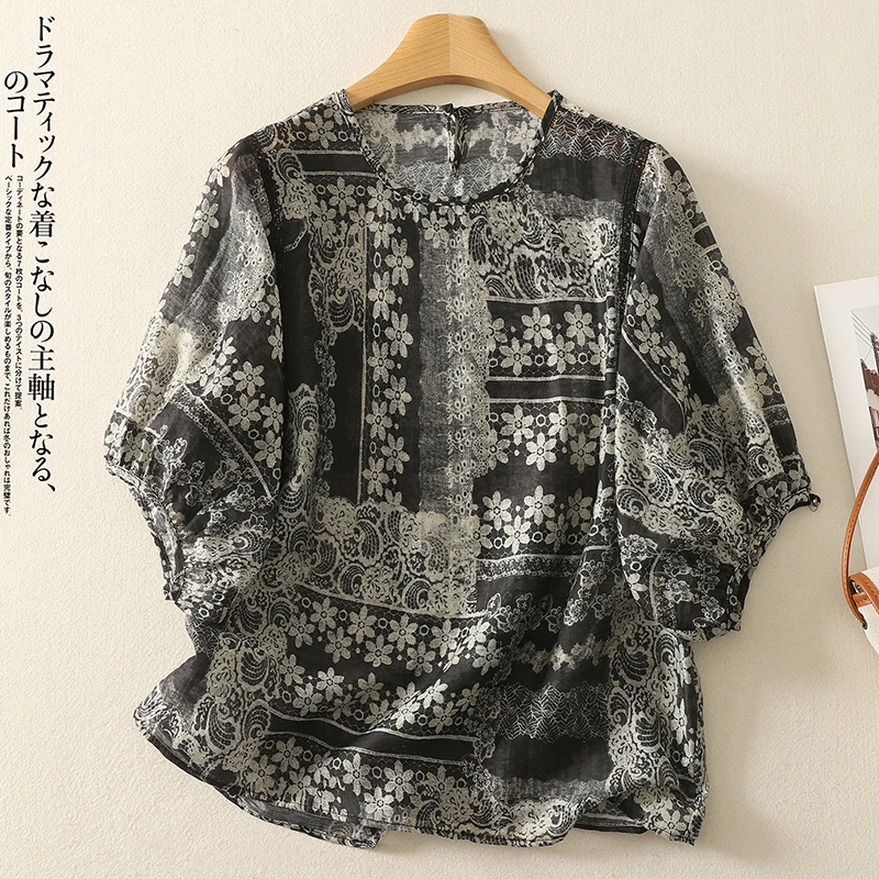 

Cotton Linen Shirt Women's 2025 Summer New Round Neck Half Sleeve Retro Printed Loose Casual Tops Blouse Boho