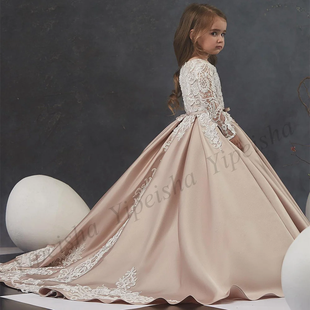 Champagner Ballkleid Blumen mädchen Kleider lange Ärmel Rundhals ausschnitt Elfenbein Applikation Geburtstags feier Kleid Weihnachten Kommunion Kleider