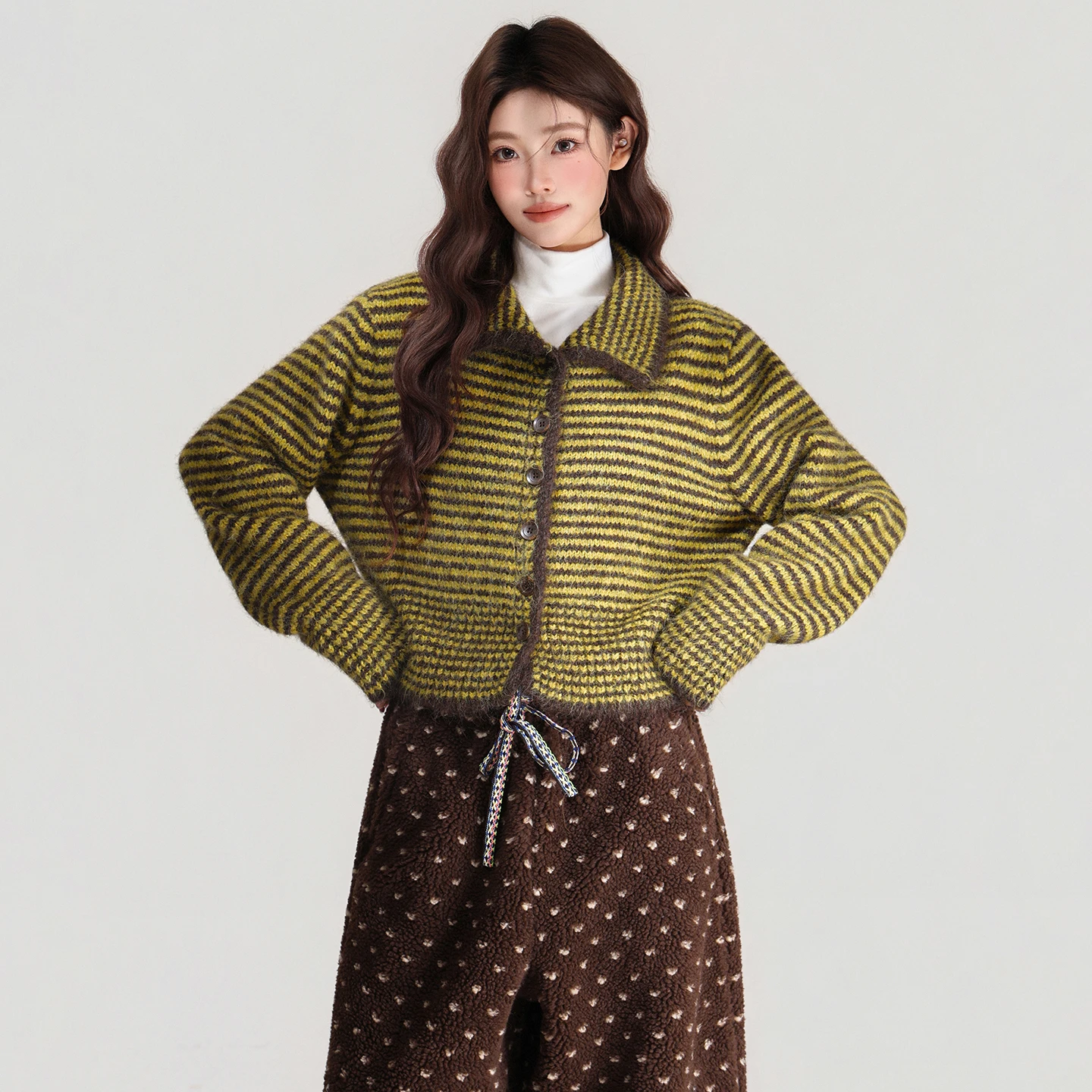 Suéter de punto a rayas con cuello POLO, manga larga, otoño e invierno, nueva chaqueta cárdigan, Top perezoso para mujer