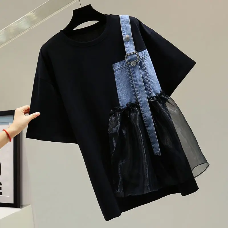 Streetwear Stylish Asymmetrical Pullovers Women\'s Clothing Short Sleeve Summer Casual Gauze Patchwork Denim All-match T-shirt