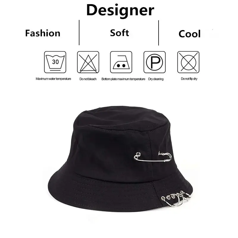 Unisex Solid Color Iron Pin Rings Personality Bucket Hats Fishermen Caps Outdoor Casual Cap Sunscreen Hat