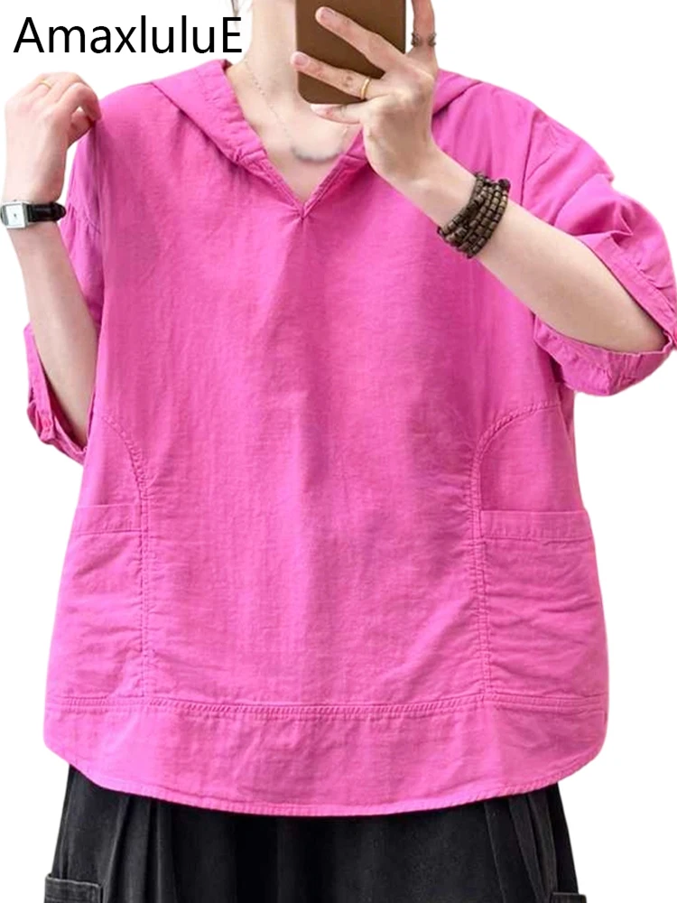 

Amax LuluE Summer Leisure Elegant Hooded Shirts Ladies Loose Fashion Classic Soild Blouses Womens Japanese Design Vintage Tops