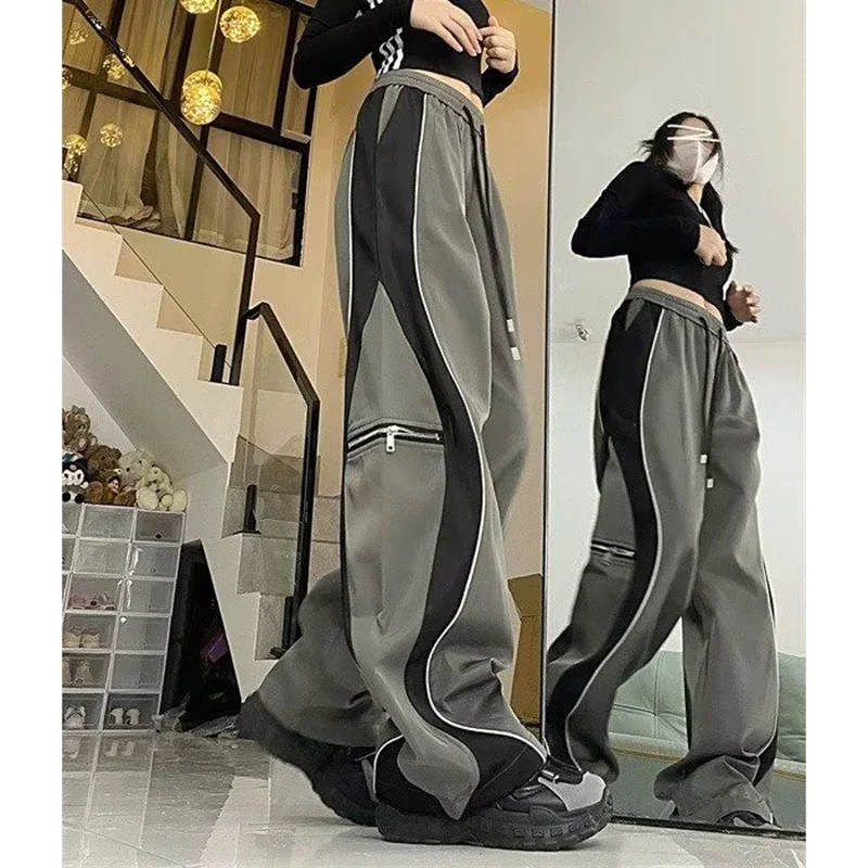 Patchwork Cargo Pants Women American Loose Hip Hop Casual Fall Winter Lines Wide-Leg Pants High-Waisted Fashion Zipper Trousers