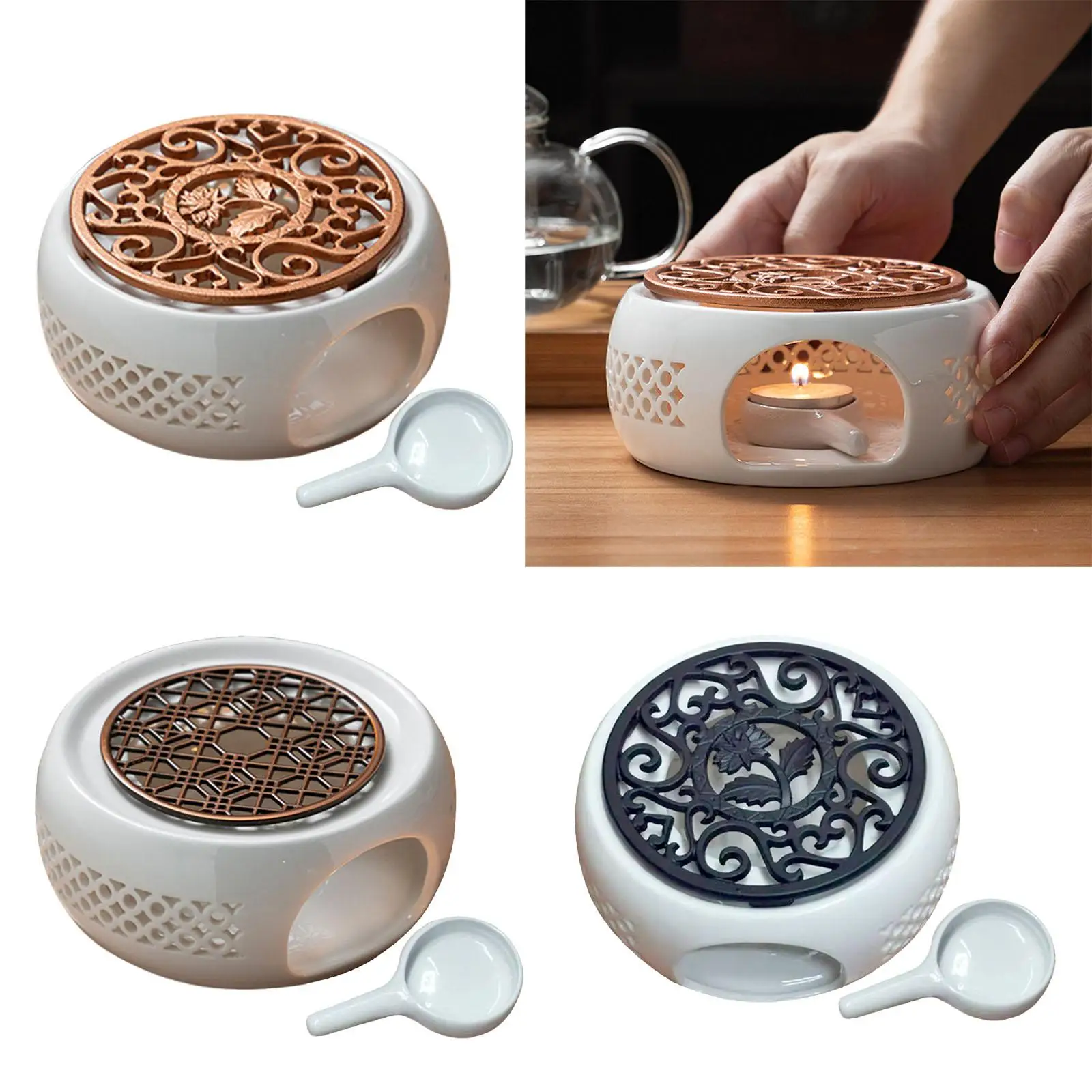 Round Ceramic Teapot Warmer Tealight Furnace with Candle Tray Heater Trivet Dish Cup Heat Pot for Heating Coffee Milk or Tea