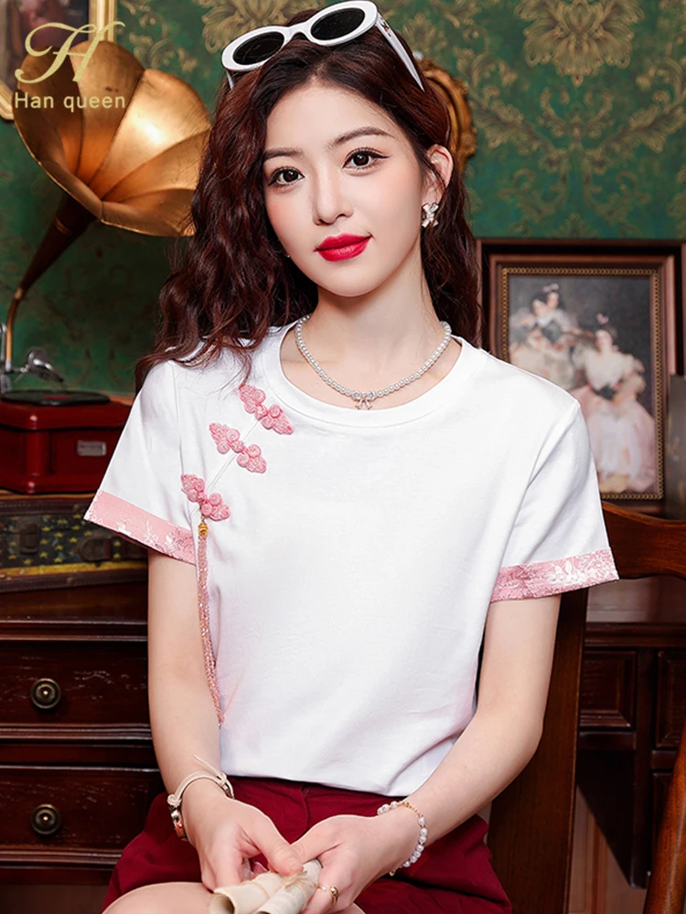 H Han Queen 2024 Summer Tops Simple Office Short Sleeve Blouse Female T-Shirts Casual Korean OL Loose Blouses Women\'s Clothing