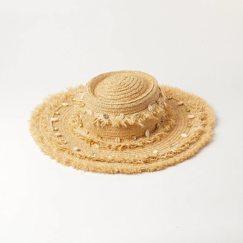 100% Natural Raffia Straw Pork Pie Hat With  Artificial Diamonds and Conches Wide Brim Women Summer Straw Hat