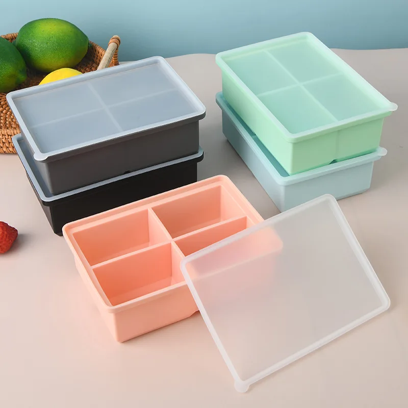 

4Grid Giant Storage For Food Meal Sauce With Lid Silicone Freezer Trays Extra Large Soup Ice 4 Cubes Tray Food Freezing Molds