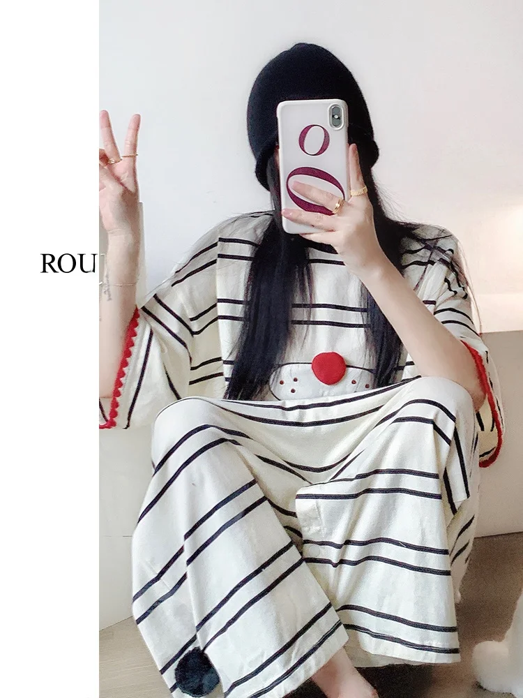 

Korean Sle Cartoon Striped Cool ort Sve Onesie Summer Women's plus Size Dr Home Clothes Spwear Long Dr