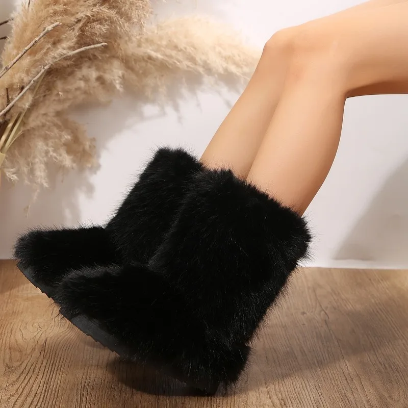 Women\'s Winter Snow Boots Outdoor Luxury Furry Faux Fox Fur Boots Woman Plush Warm Platform Shoes New Fashion Bottes Big Size