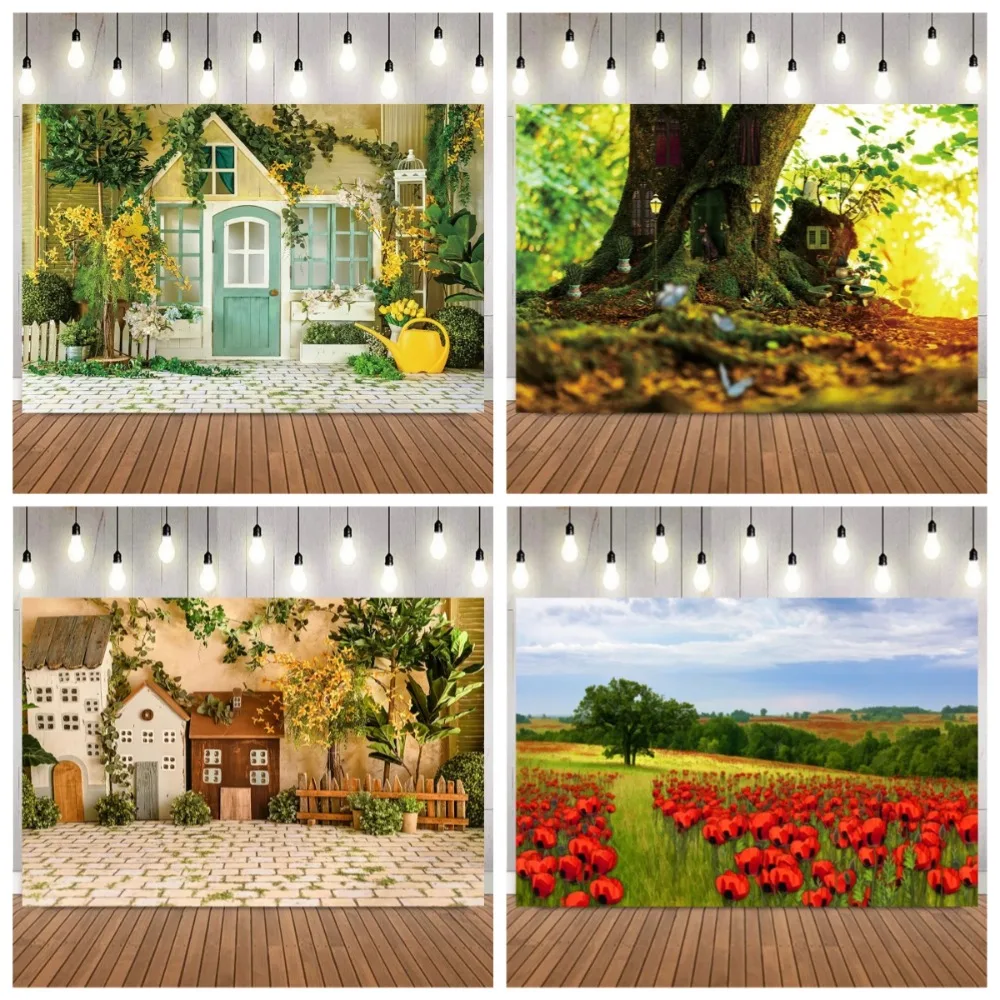 

Dreamy Garden Scene Banner Shooting Background, Watercolor Lavender Tree House Flower Field Decoration Shooting Background Props