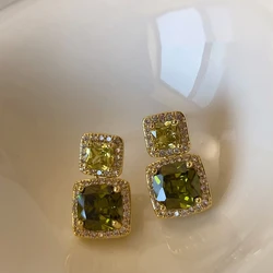 vintage delicate square olive green zircon stud earrings summer fresh girl geometry jewelry