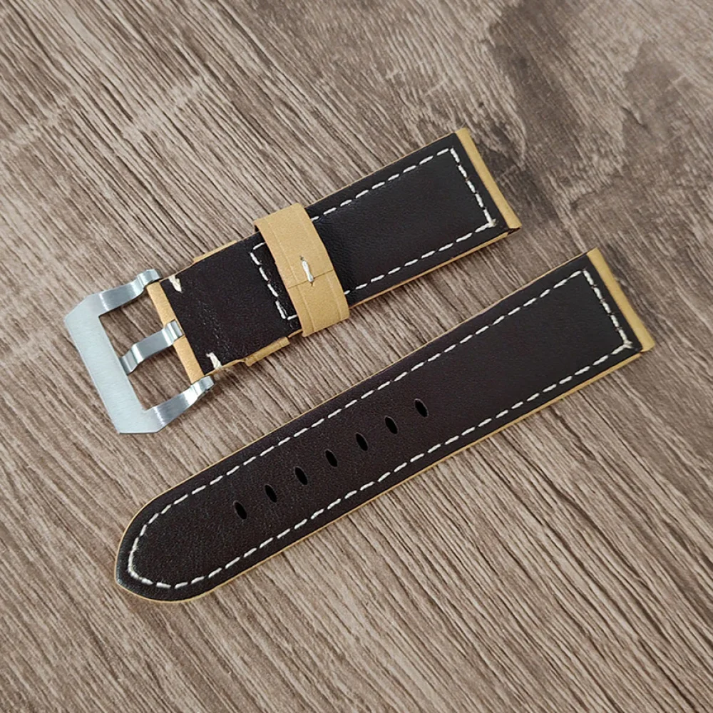 24*22mm Stainless Steel Buckle Yellow Leather Watch Strap Accessories