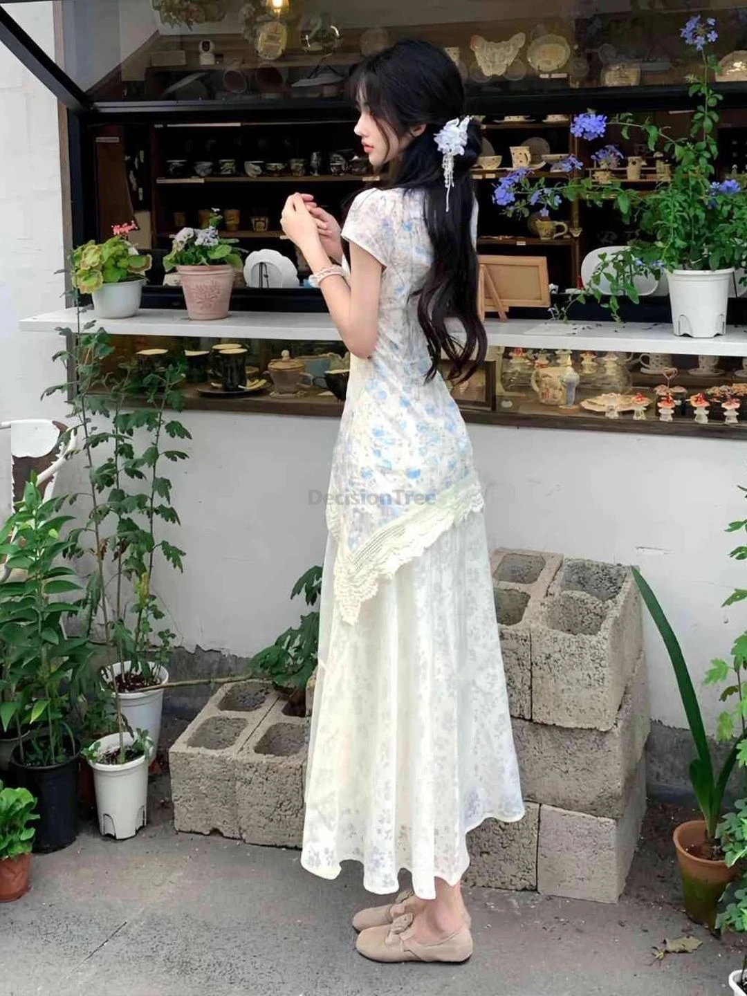 New Chinese-style Unique Beautiful Blue Floral Qipao Girls' lace Splicing Waist-fitted Improved Dress Daily Women A-Line Skirt