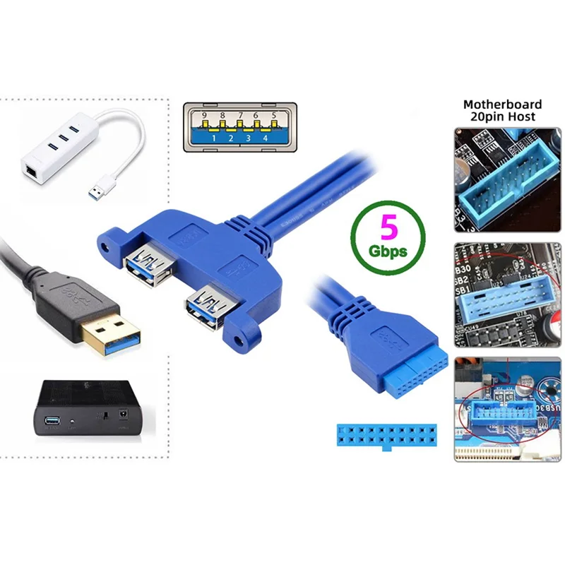 With PCI Slot Plate Bracket 50cm 2 Ports USB 3.0 Female Back Panel To Motherboard 20pin Header Connector Cable Adapter