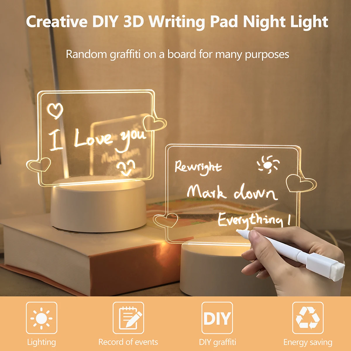 USB Creative 3D Luminous Erasable Love Pen Night Light, Message Night Light, Birthday Gift Light, Bedroom Decoration Light