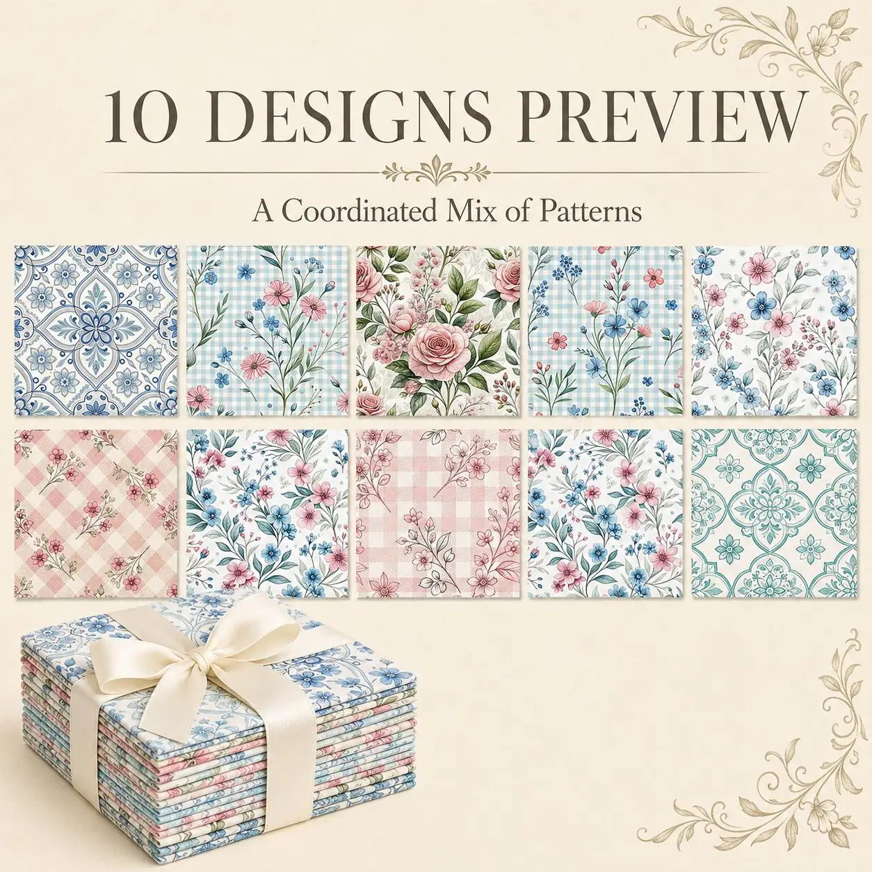 10Pc/set Plant Series Flower Fat Quarter Fabric, Pre-Cut Square Fabric Assort, Fabric Set, Craft Fabric, Handmade DIY Patchwork