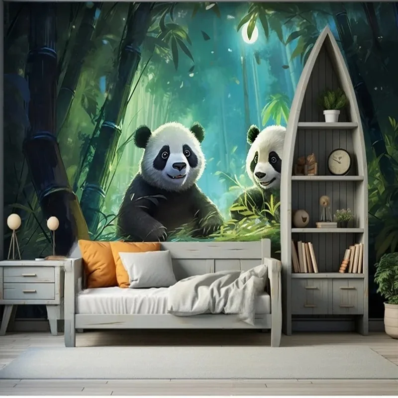 

3D Cartoon Panda Wall Mural Cute Animal Bamboo Tree Wallpaper Kids Room Bedroom Wall Art Decor Decoracion Hogar Print
