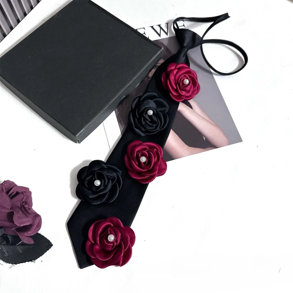 Women's Camellia Flower Neck Tie Fabric Rose Flower Decoration Vintage Shirt Lady Daily Neck Necktie Accessory