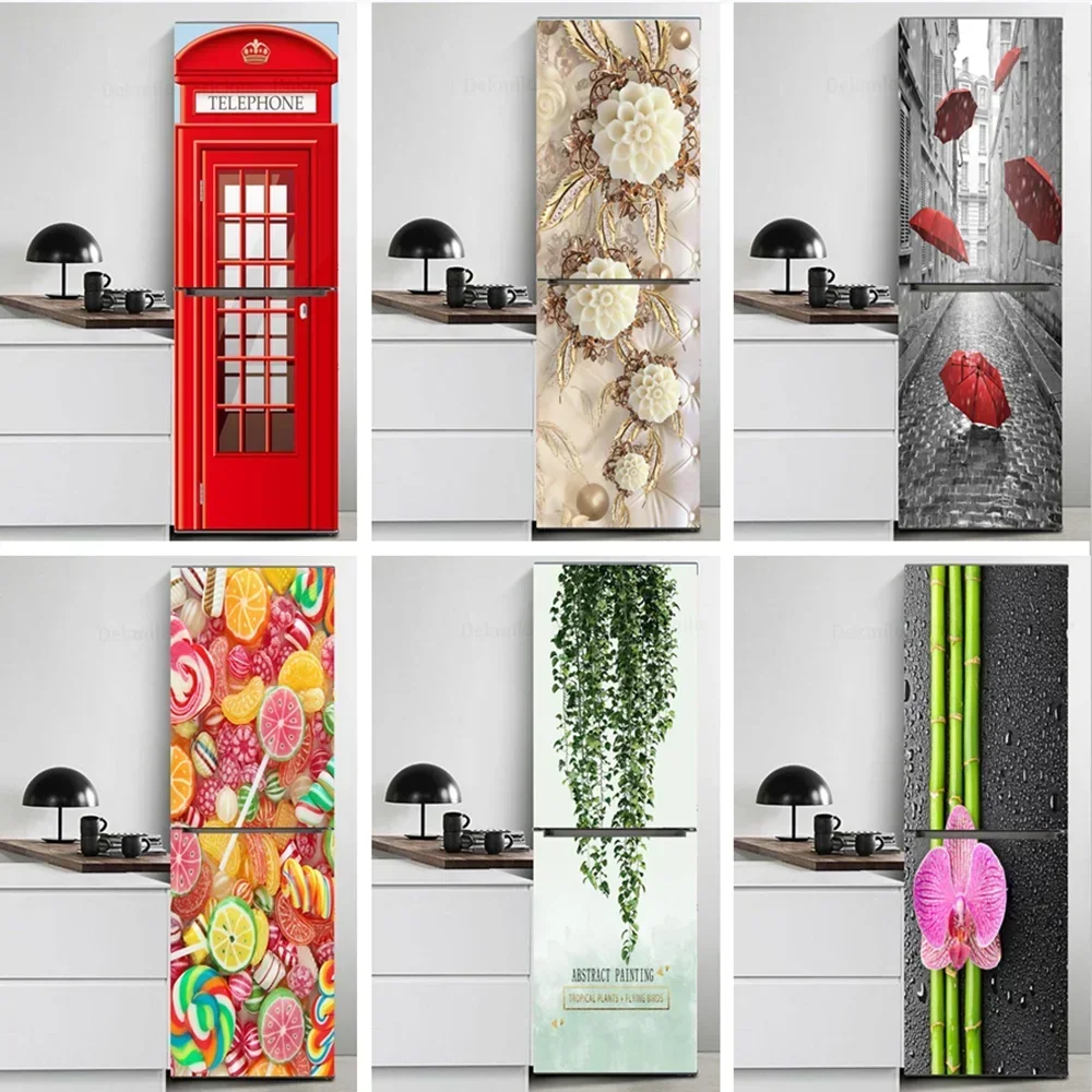 

Red Telephone Booth Fridge Stickers Door Cover 3D Refrigerator Adhesive Freezer Line Vinyl Film Decor Decal Art Mural Kitchen