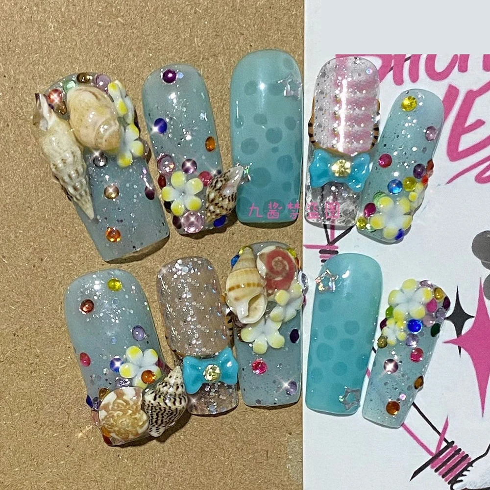 10Pcs Y2K Long Duck Square Punk Rivet Press On Nails Handmade French Leopard Print Star Lace Love Diamond Fake Nails Gift